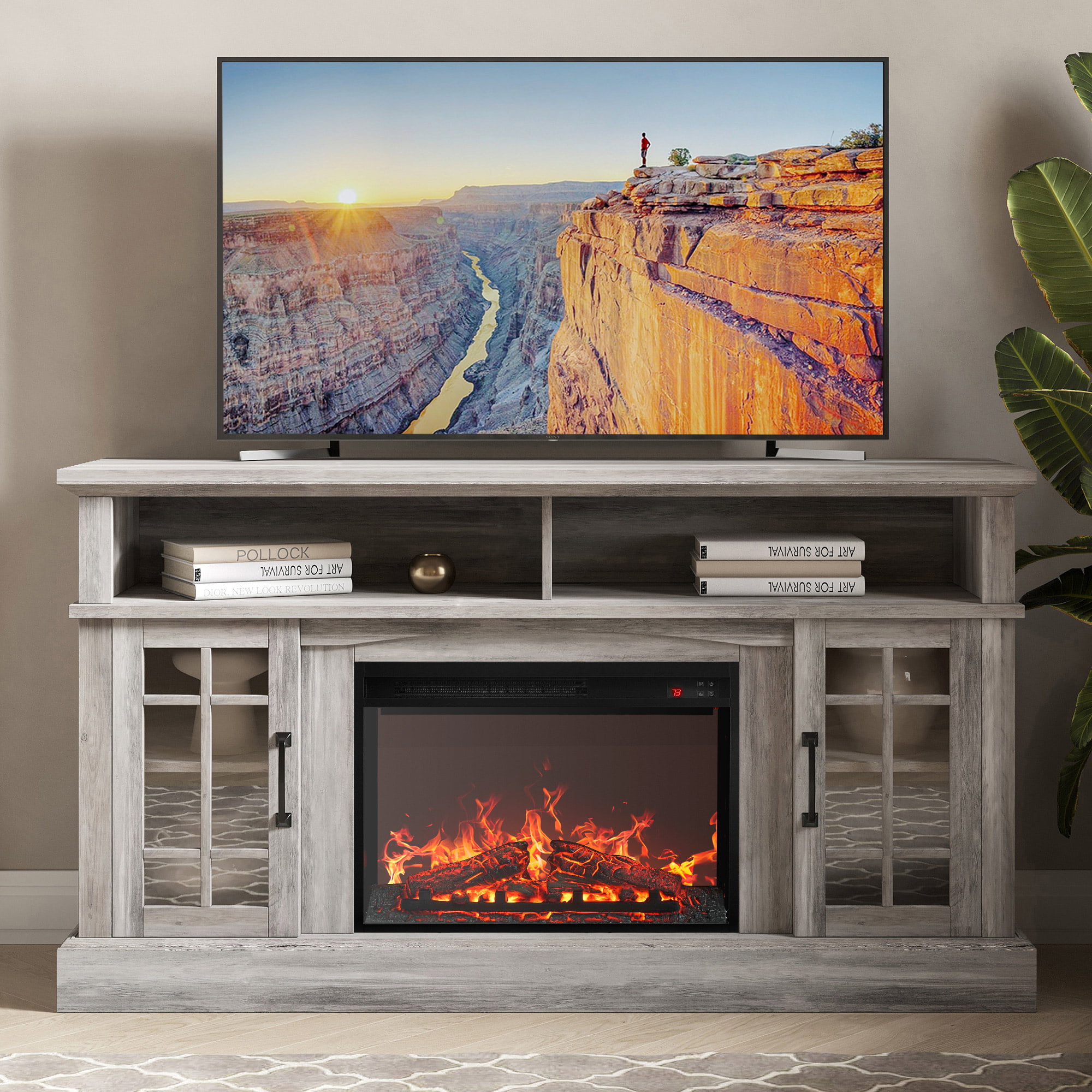 BELLEZE  58″ TV Stand with 23″ Electric Fireplace. Fireplace TV Console for TVs up to 65″. Home Entertainment Center with Storage Cabinet and Adjustable Shelves - Astorga (Gray Wash)