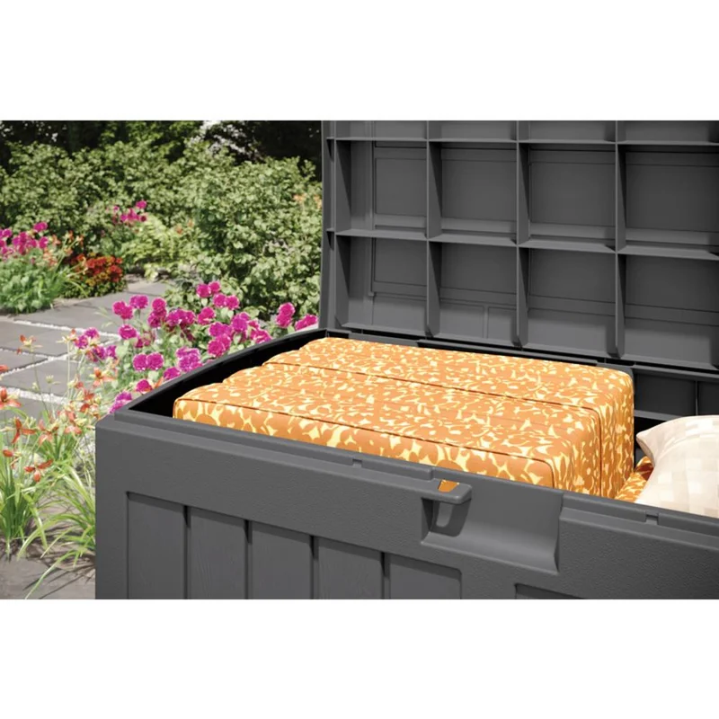 Suncast DB5025P 50-Gallon Outdoor Resin Patio Deck Storage Box with Seat. Peppercorn