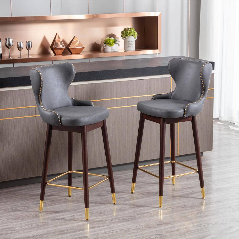 GOJANE  42.50 in. Dark Gray Modern Leathaire Fabric with Tufted Gold Nailhead Trim Bar Stools. Set of 2