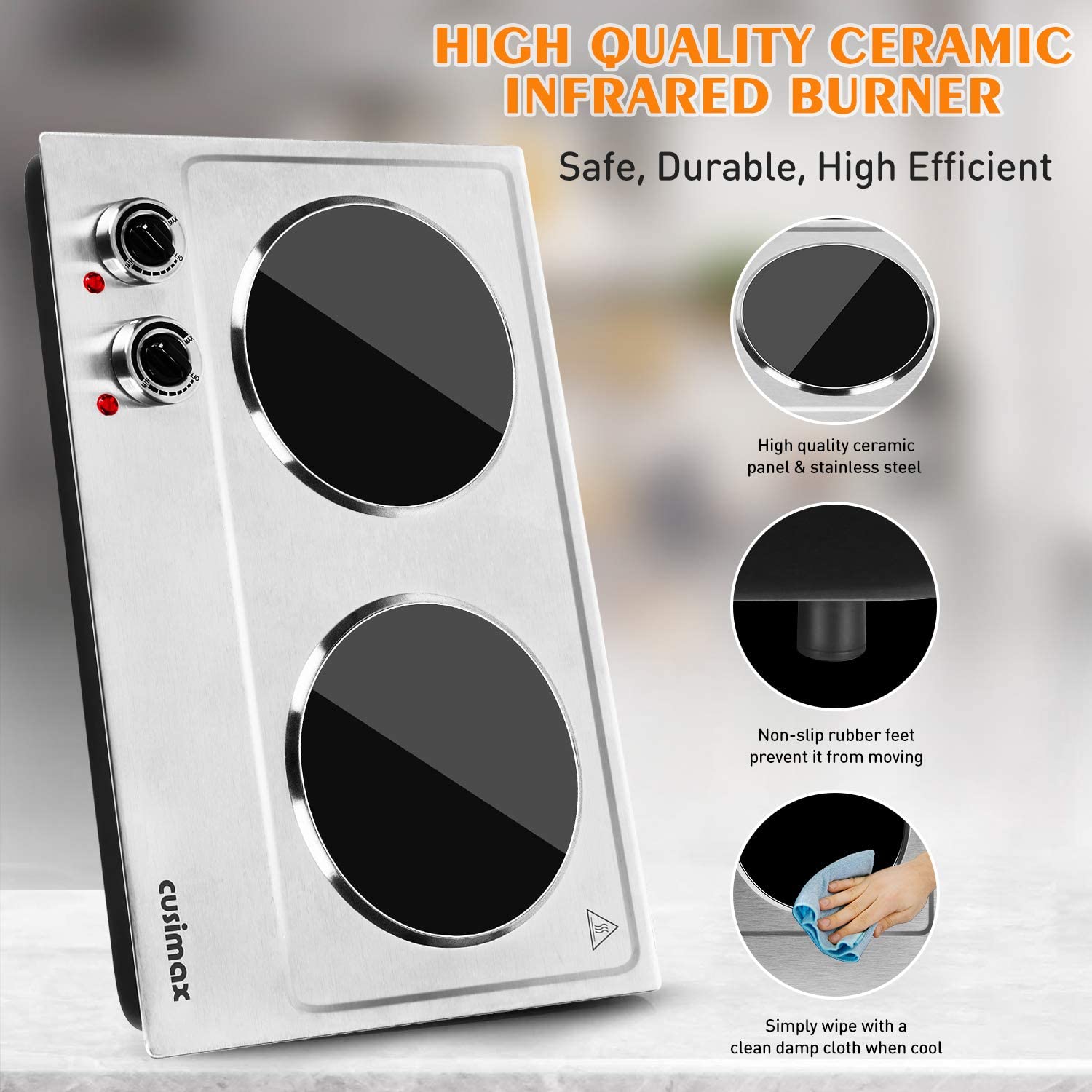 Cusimax Hot Plate Electric Stove. 1800W Double Burners. Infrared Cooktop. Compatible w/All Cookware. Upgraded Version