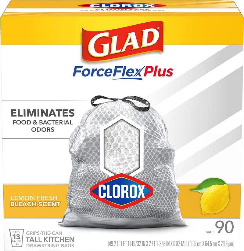 Glad Tall Kitchen Trash Bags ForceFlex.13 Gallon. Lemon Fresh Bleach Scent 90 Ct