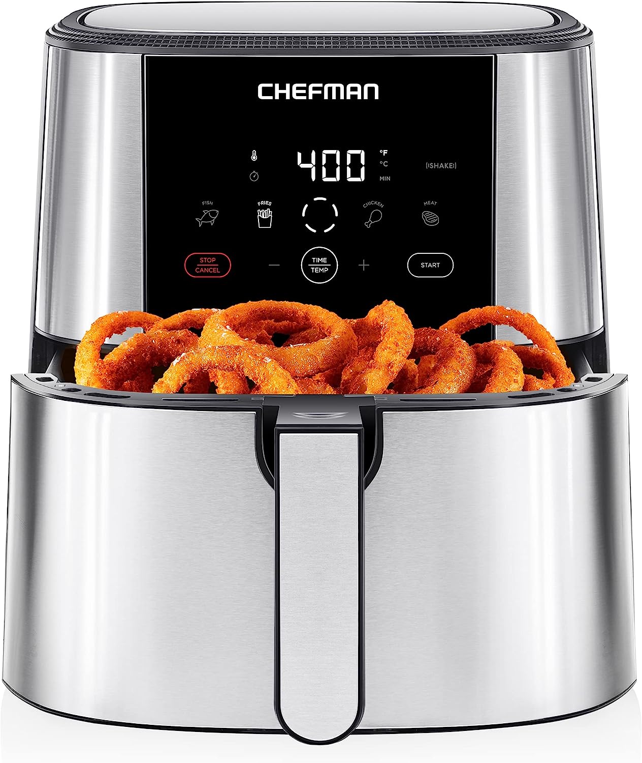 Chefman TurboFry® Touch Air Fryer. XL 8-Qt Family Size. One-Touch Digital Control Presets. French Fries. Chicken. Meat. Fish. Nonstick Dishwasher-Safe Parts. Automatic Shutoff. Stainless Steel