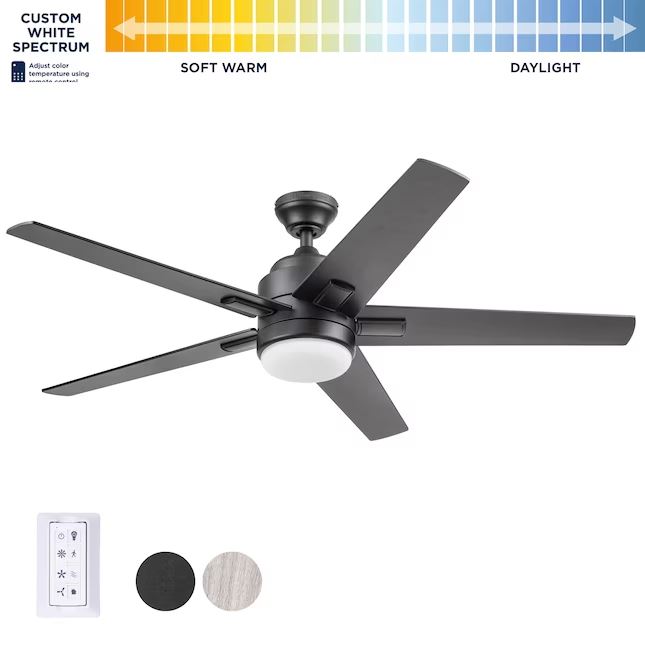 Harbor Breeze 42483 Flanagan II 52-in Matte Black Color-changing Indoor Ceiling Fan with Light Remote. Matte Black (5-Blade)