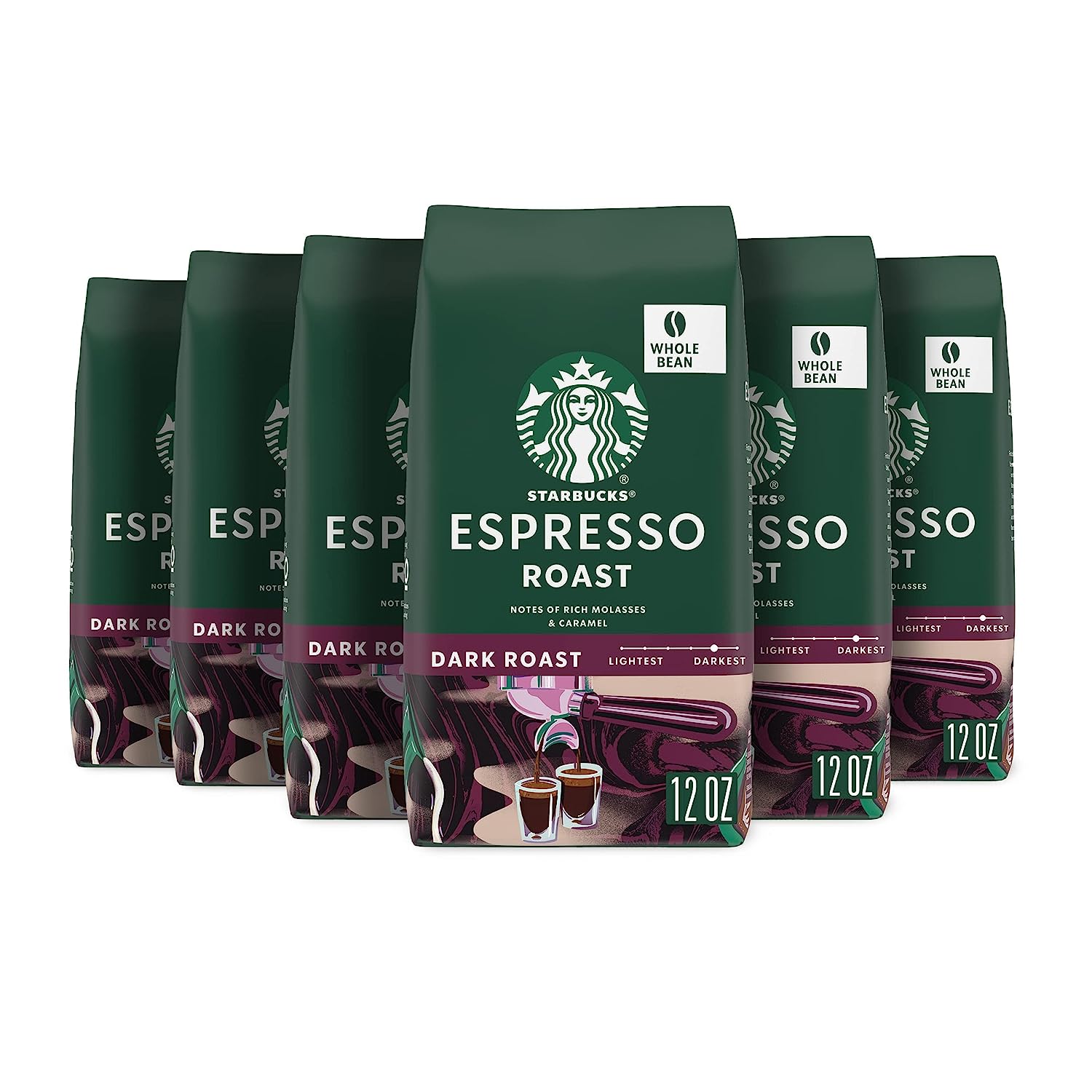 Starbucks Dark Roast Whole Bean Coffee. Espresso Roast. 100% Arabica. 6 bags (12 oz. each)