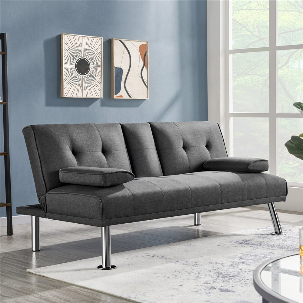 Easyfashion Modern Fabric Reclining Futon with Cupholders and Pillows. Gray