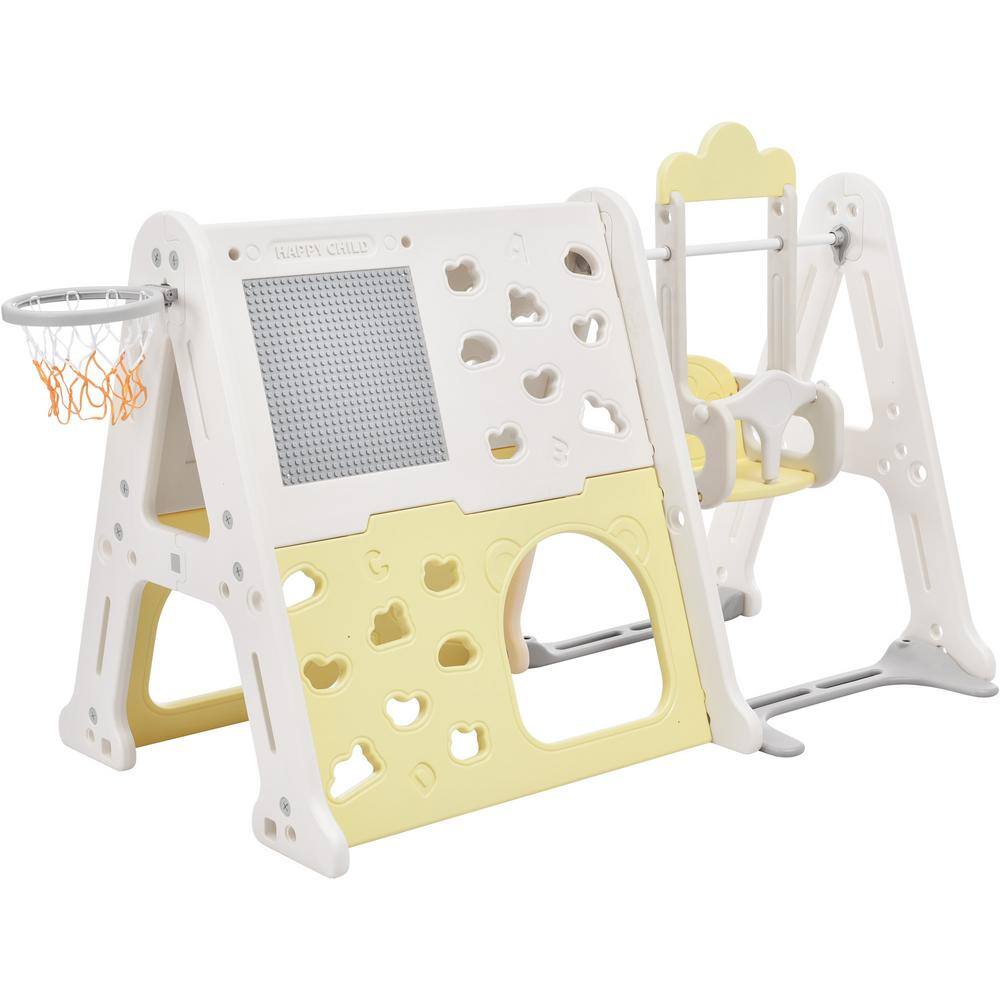 Unbranded LN20232357 6-in-1 Light Green HDPE Playset with Tunnel. Climber. Whiteboard. Toy Building Block Baseplates. Basketball Hoop