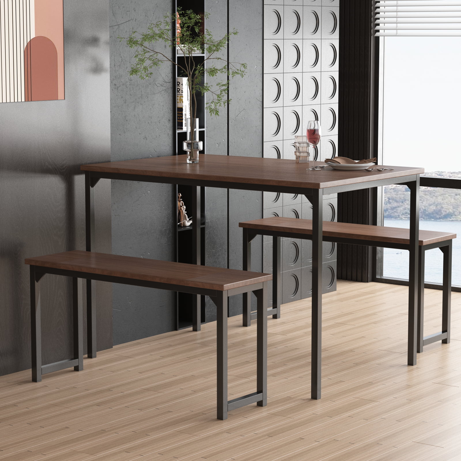 Bonzy Home Dining Room Table Set . 29.5 inches Kitchen Table with Two Benches. Modern Look Dinning Table Set. Light Brown