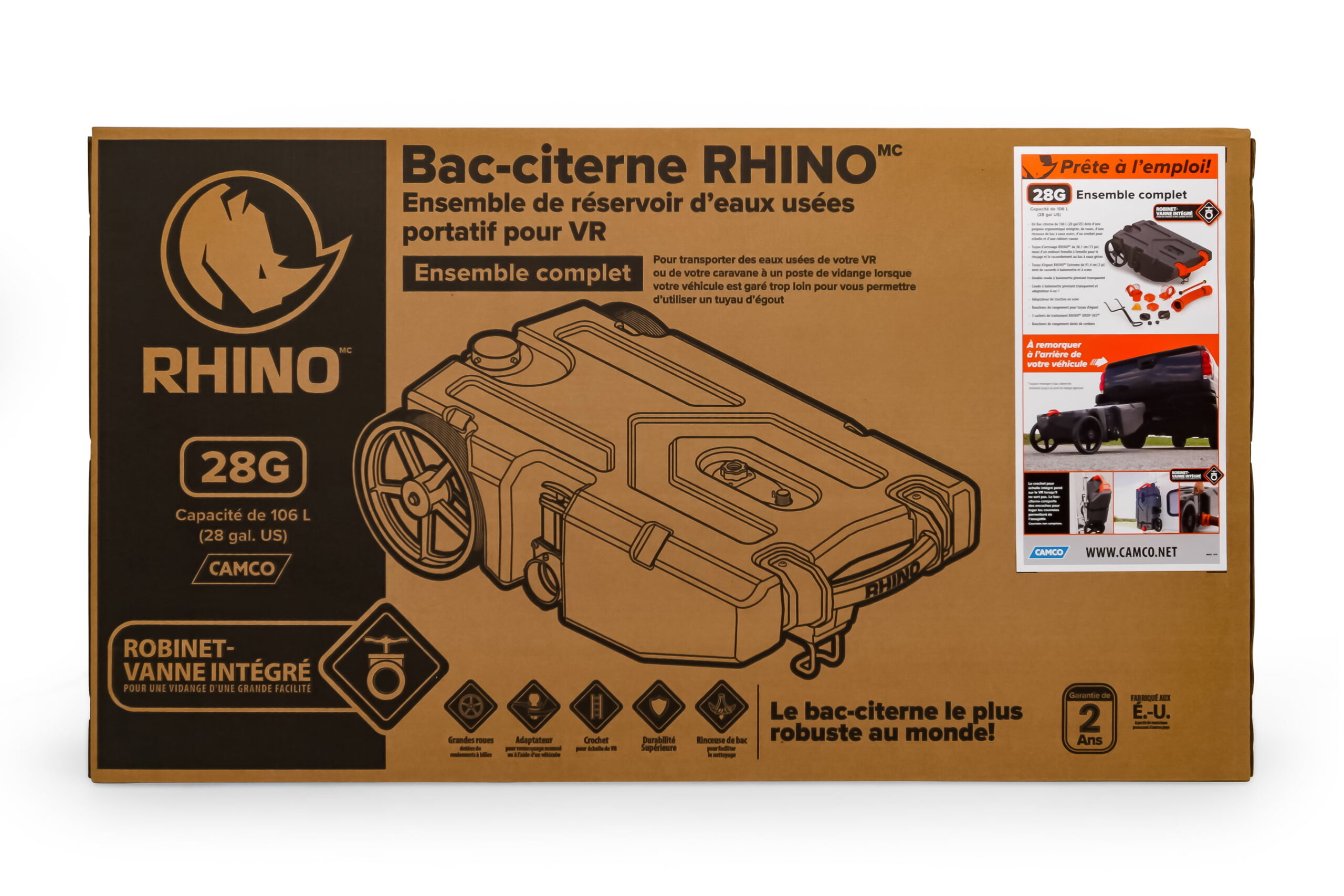 Camco Rhino Heavy Duty 28 Gallon Portable RV Waste Holding Tank with Hose and Accessories