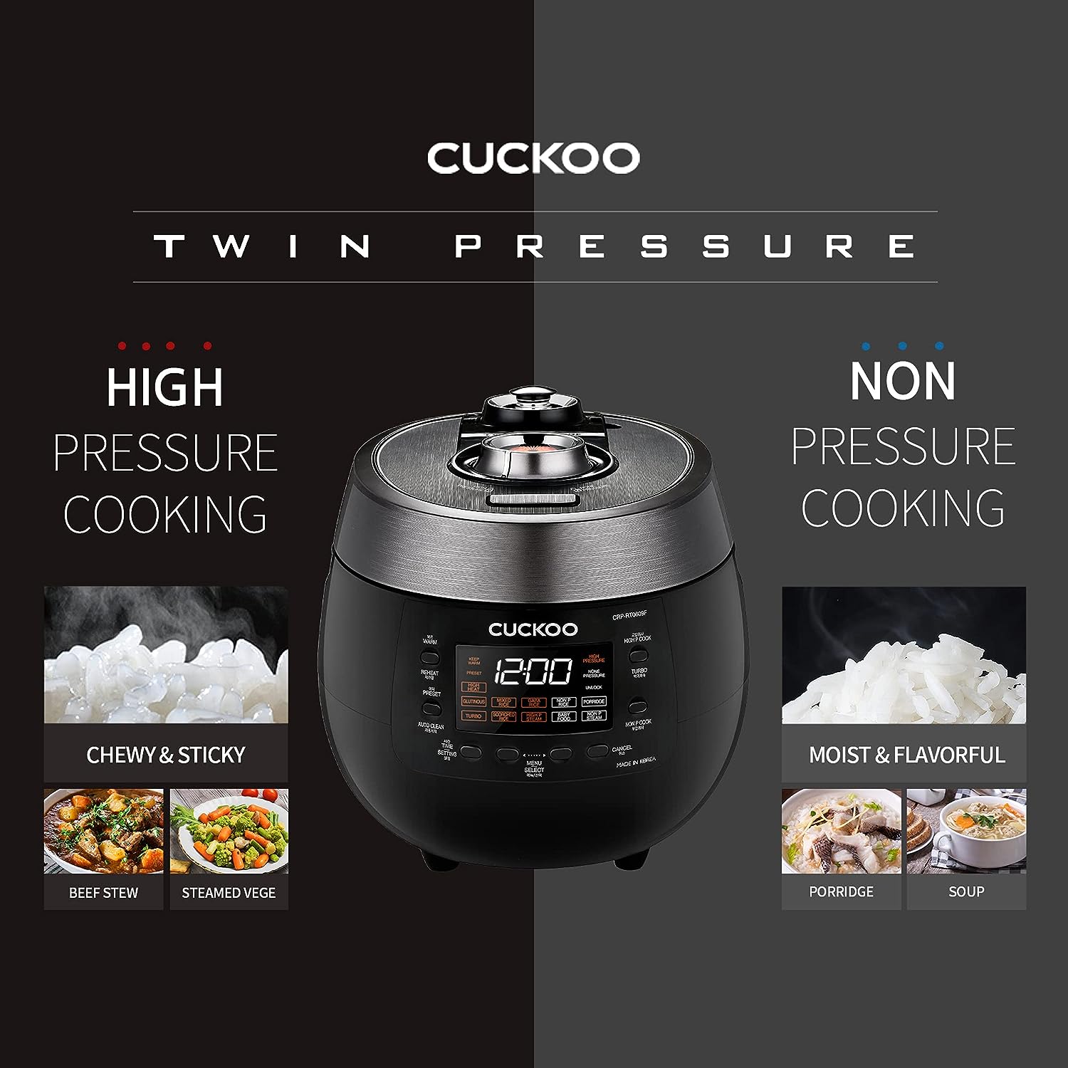 CUCKOO CRP-RT0609FB | 6-Cup (Uncooked) Twin Pressure Rice Cooker & Warmer | 12 Menu Options: High/Non-Pressure Steam & More. Made in Korea | Black