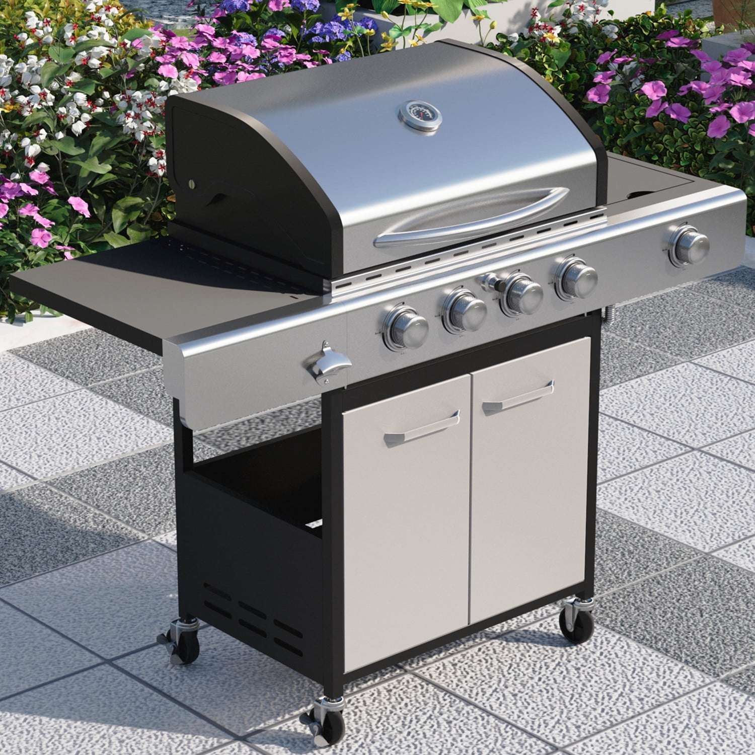 Summit Living Stainless Steel 4 Burner Propane Gas Grill with Side Burner