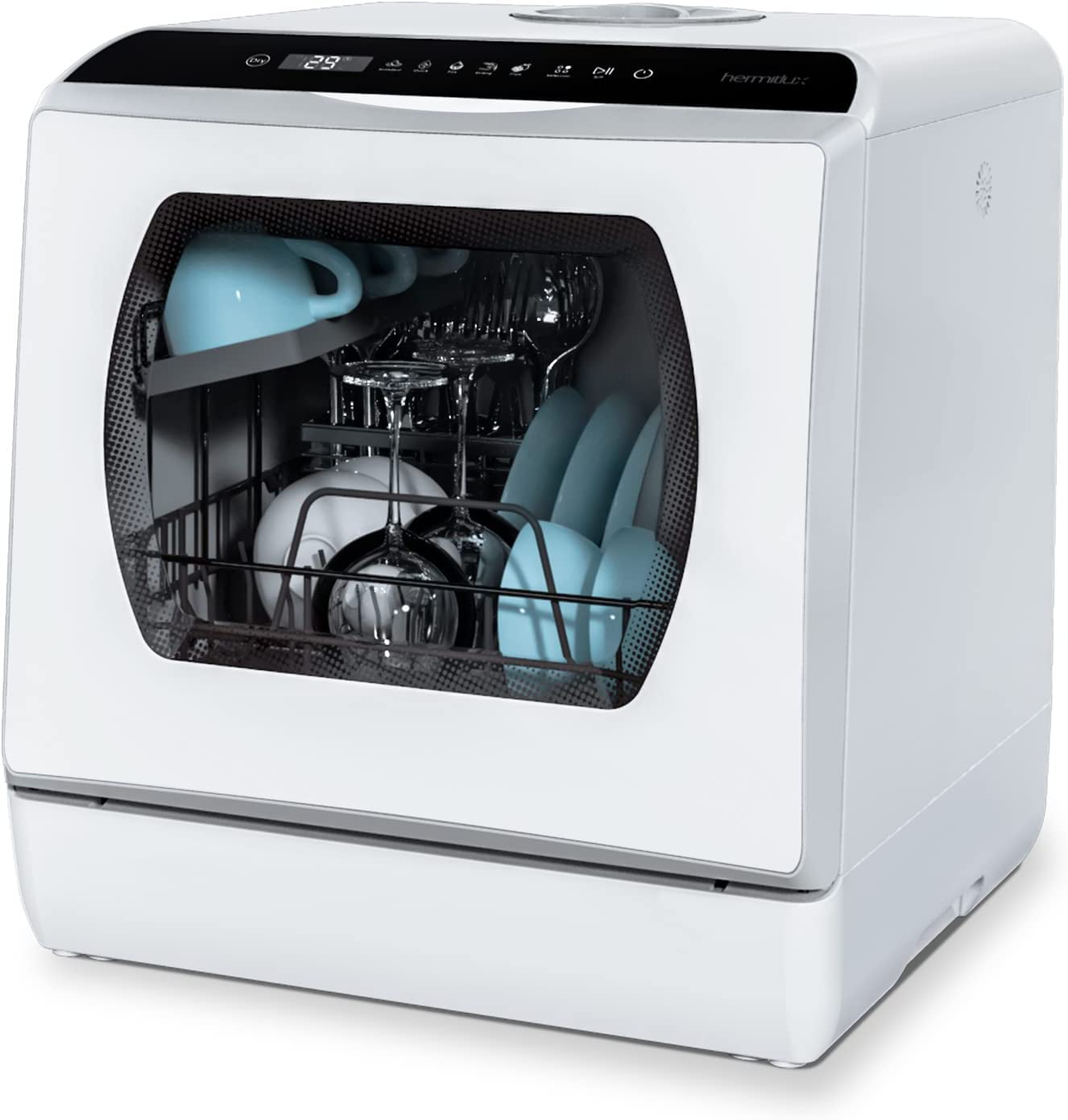 Hermitlux Countertop Dishwasher. 5 Washing Programs Portable Dishwasher With 5-Liter Built-in Water Tank For Glass Door