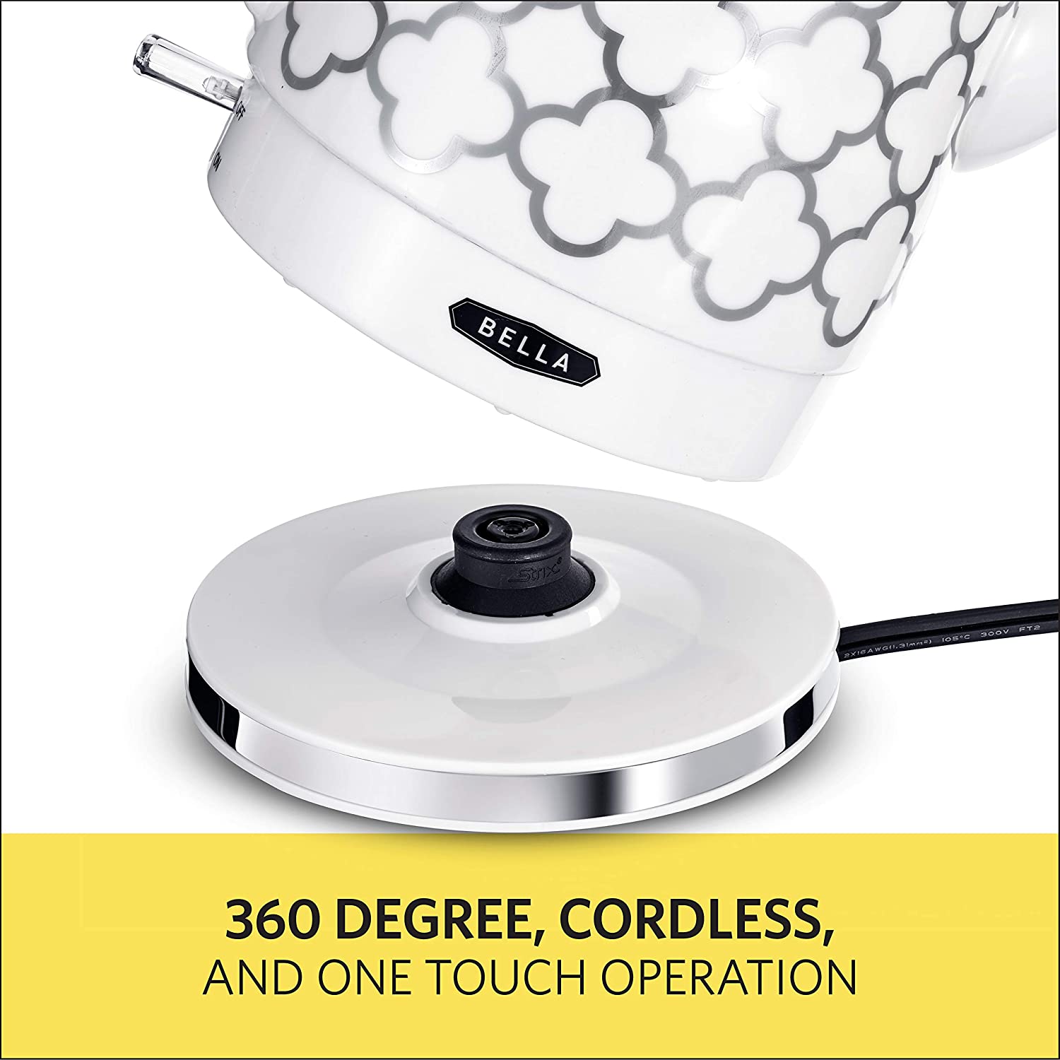 BELLA 1.5 Liter Electric Ceramic Tea Kettle with Boil Dry Protection & Detachable Swivel Base. Silver Foil