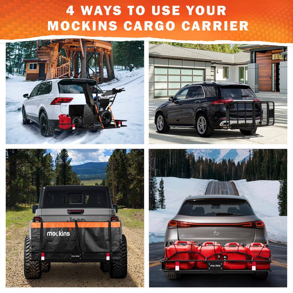 Mockins MA-30 500 lbs. Capacity Hitch Mount Cargo Carrier Set with Cargo Bag. Basket. Ratchet Straps. Foldable Shank and 2 in. Raise