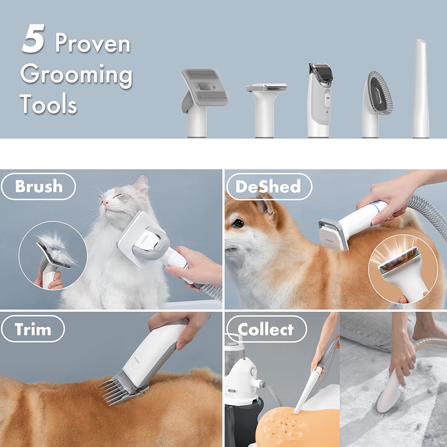 Neakasa by neabot P2 Pro Dog Grooming Kit. Dog Clippers Vacuum Suction 99% Hair. Pet Grooming with 5 Proven Grooming Tools. 2L Large-Capacity Easy Empty Dustbin for Dogs Cats Animals (Grey-White)