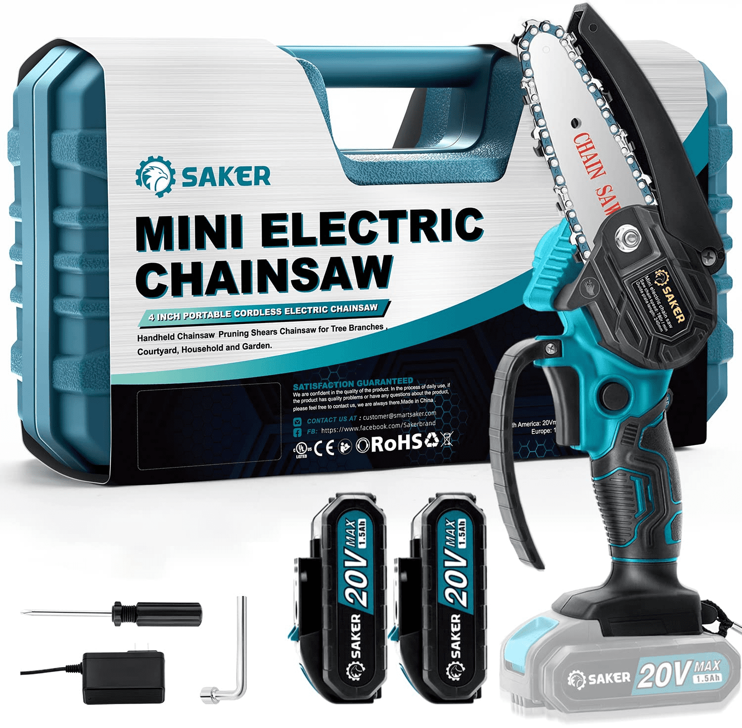 Saker 4 Inch Mini Chainsaw. Portable Electric Chainsaw Cordless. Handheld Chain Saw Pruning Shears Chainsaw for Tree Branches . Courtyard. Household & Garden( Chainsaw + 2 Batteries)