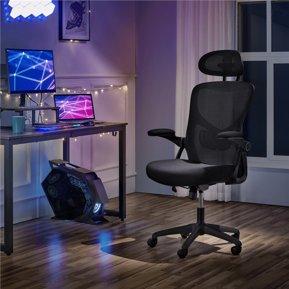 SMILE MART Adjustable High Back Mesh Office Chair with Folding Padded Armrests. Black