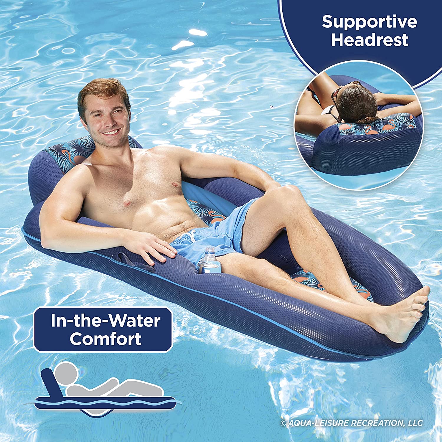 Aqua Luxury Water Lounge. X-Large. Inflatable Pool Float with Headrest. Backrest & Footrest. Palm Beach Flamingo