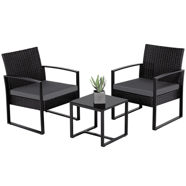 Easyfashion 3-Piece Bistro Set with Rattan Chairs for Outdoor Patio and Balcony. Black Cushions