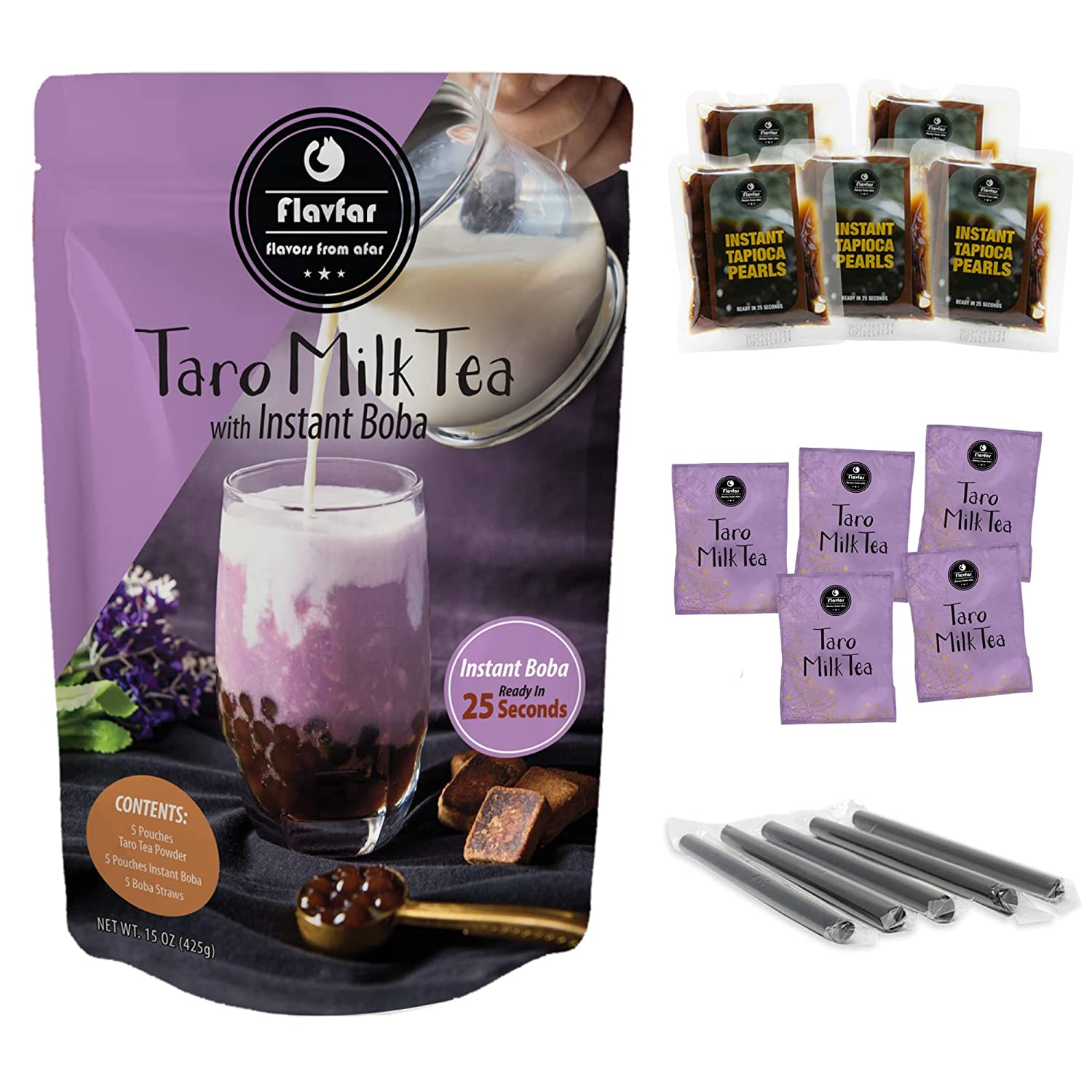 Flavfar Taro Milk Tea with Instant Tapioca Pearls - Authentic Taro Milk Bubble Tea Kit & Low Calorie. Brown Sugar Boba - All Natural & Made in Taiwan - 5 Pack (Taro Milk Tea)