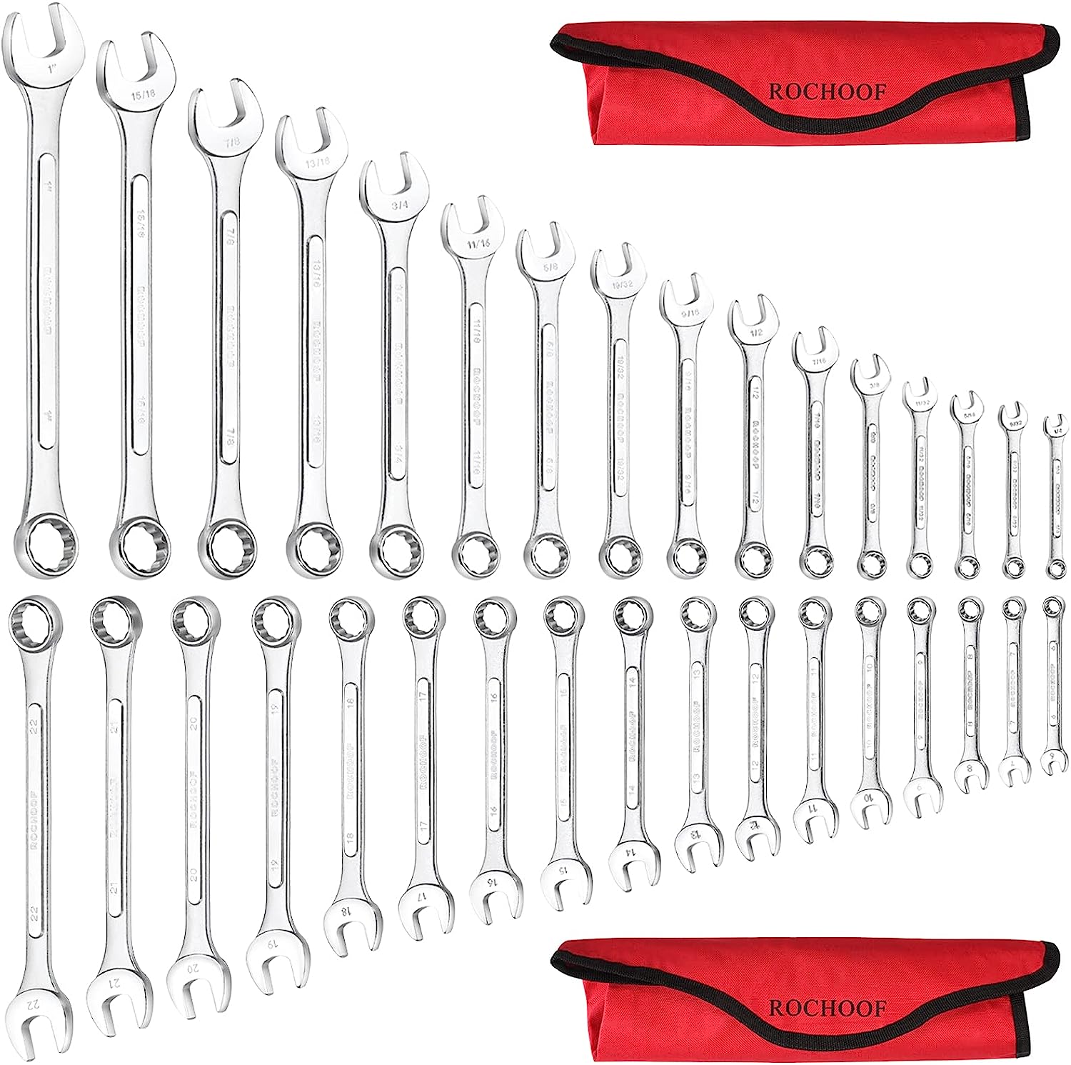 ROCHOOF Combination Wrench Set.33-Piece Chrome Vanadium Steel Wrench Set 12-Point SAE & Metric Wrenches 1/4″-1″ and 6-22mm with Rolling Pouch