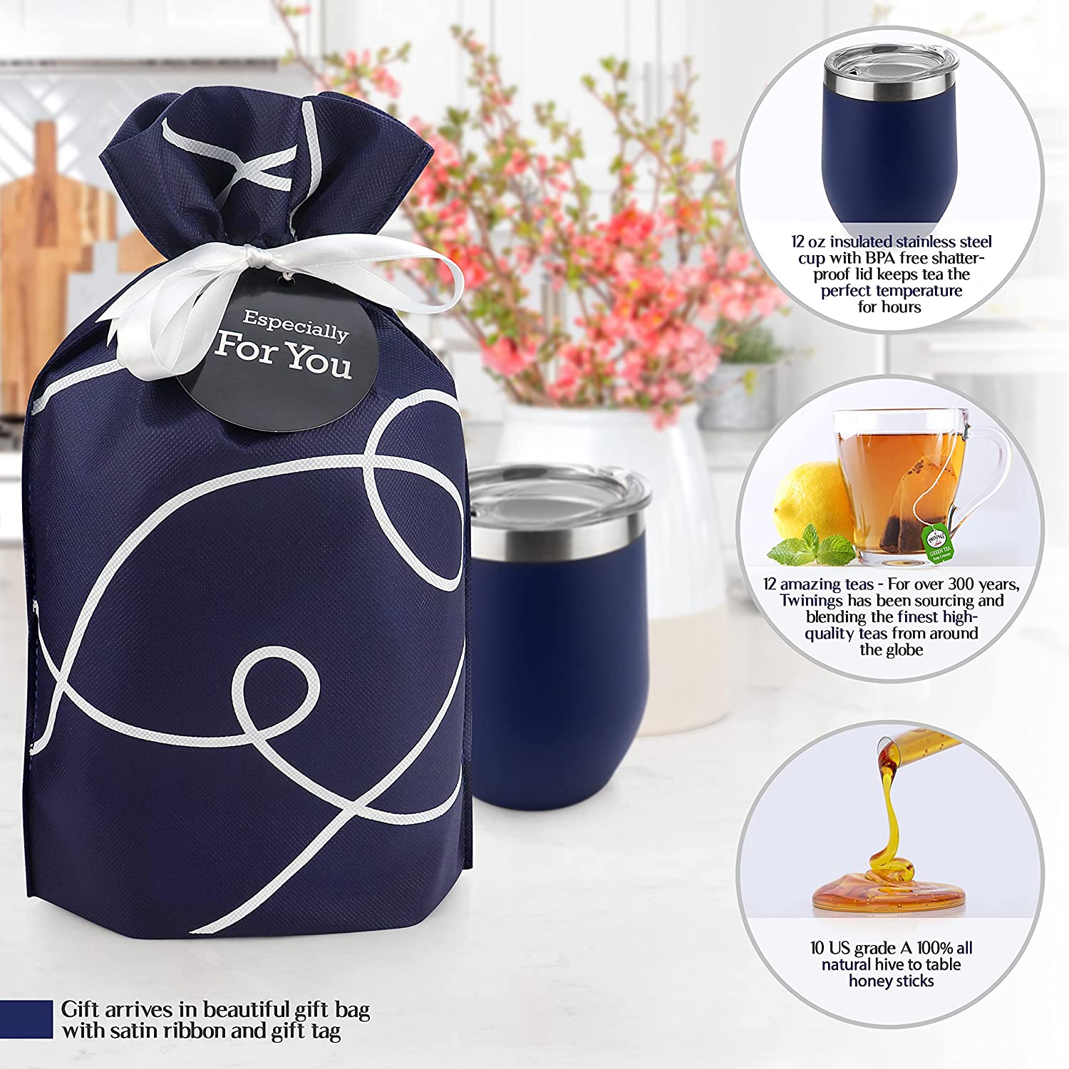 Tea Gift Set for Tea Lovers. Includes Double Insulated Tea Cup 12 Uniquely Blended Teas
