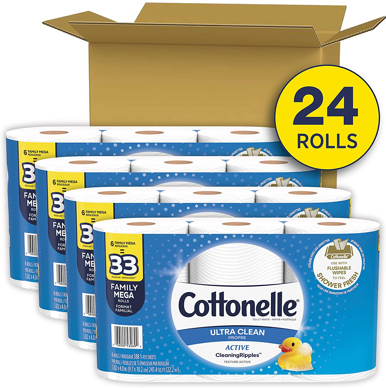 Cottonelle Ultra Clean Toilet Paper with Active CleaningRipples Texture. Strong Bath Tissue. 24 Family Mega Rolls (24 Family Mega Rolls = 132 Regular Rolls) (4 Packs of 6 Rolls) 388 Sheets per Roll