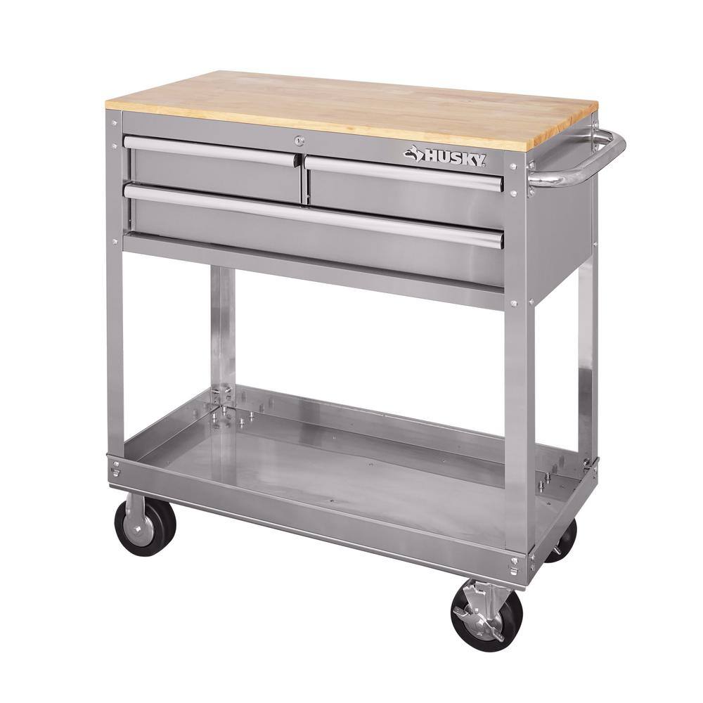 Husky HOUC3603BJX1 36 in. 3-Drawer with Solid Wood Top. Stainless Steel Utility Cart