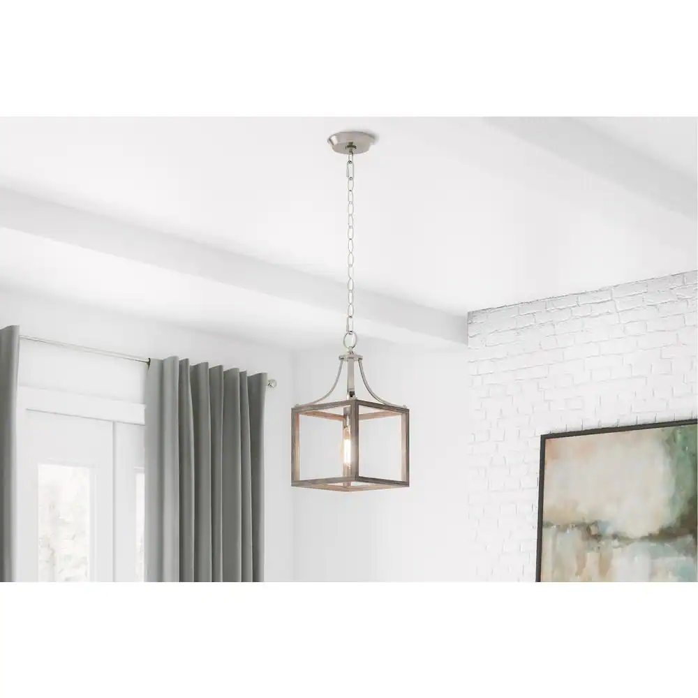 Hampton Bay Boswell Quarter 1-Light Brushed Nickel Mini-Pendant with Weathered Wood Accents