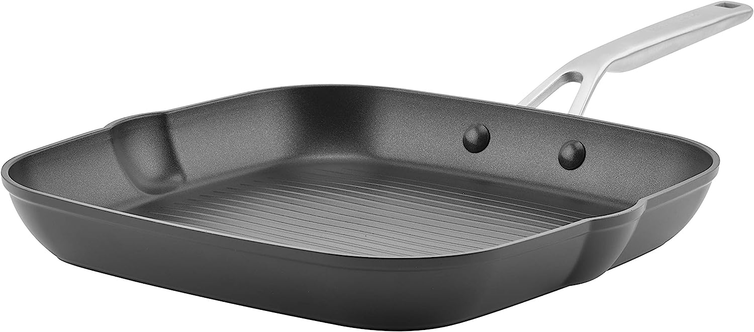 KitchenAid Hard Anodized Induction Nonstick Square Grill Pan/Griddle with Pouring Spouts. 11.25 Inch. Matte Black