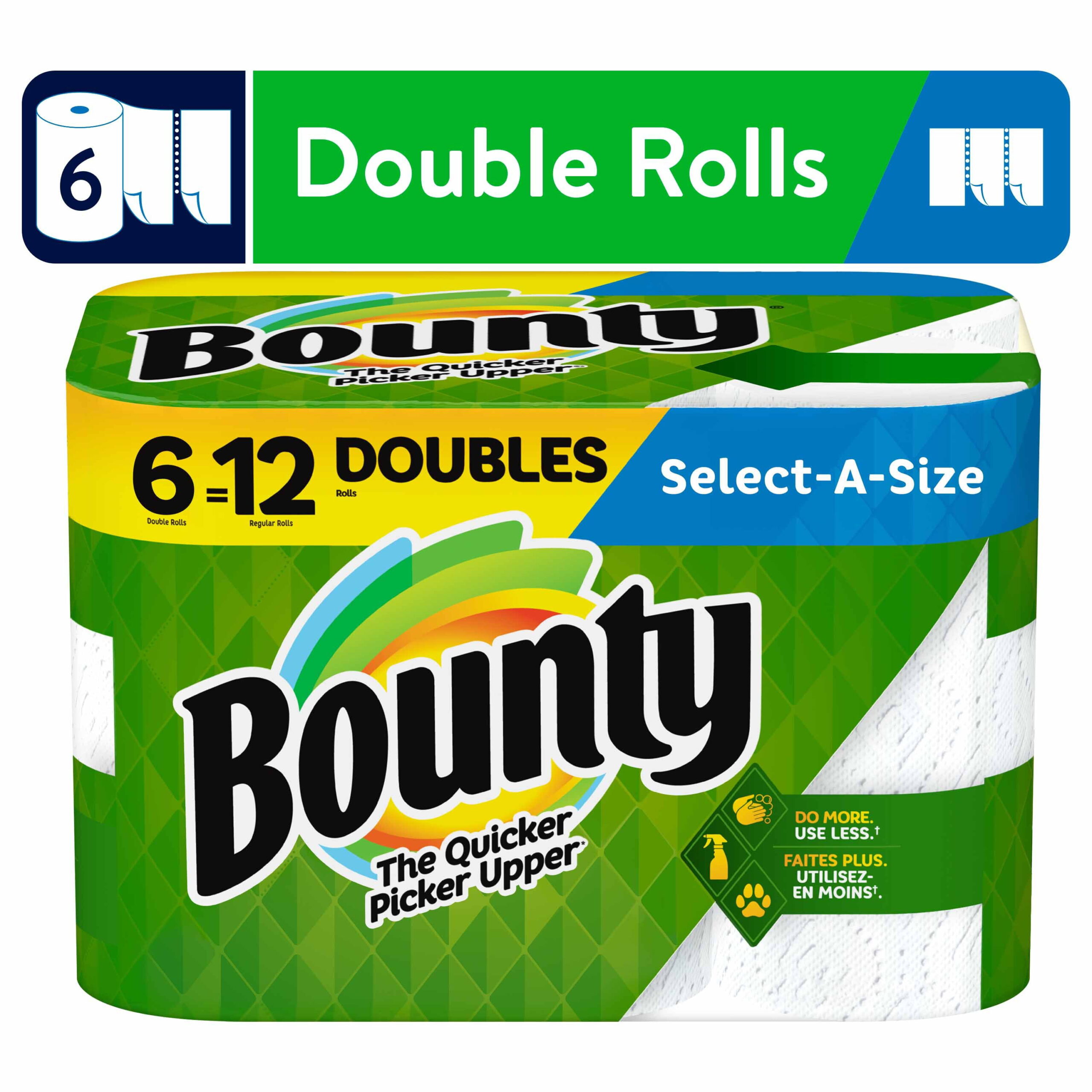 Bounty Select-A-Size Paper Towels. Double Rolls. White. 98 Sheets Per Roll. 6 Count
