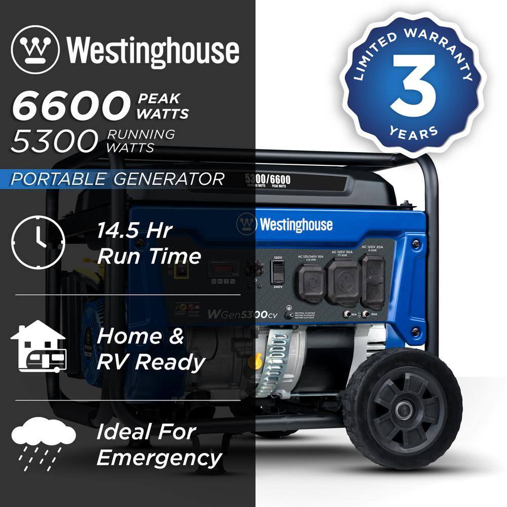 Westinghouse WGen5300cv WGen5300cv 6.600-Watt/5.300-Watt Recoil Start Gas Powered Portable Generator with RV Ready Outlet and CO Sensor