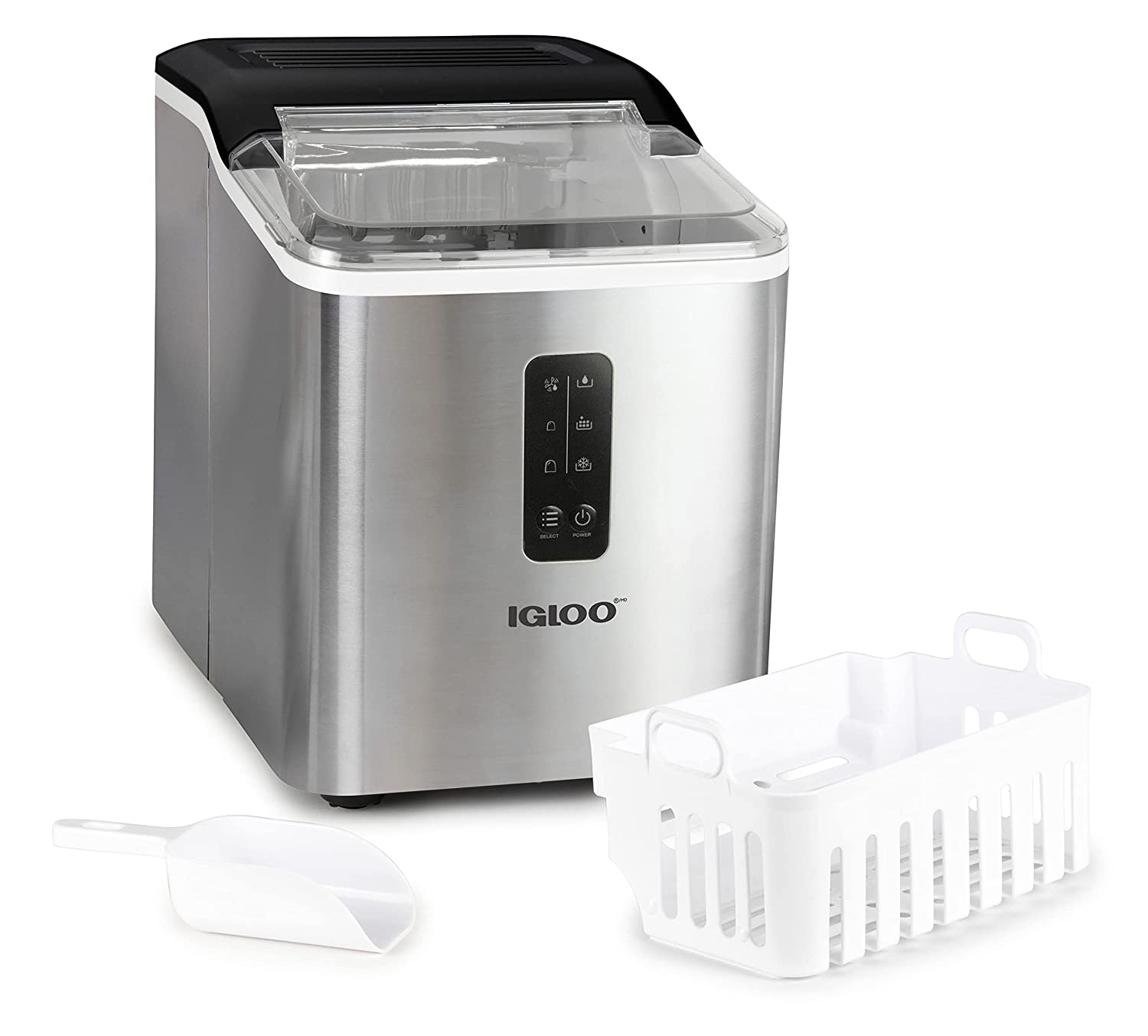 Igloo Automatic Ice Maker. Self- Cleaning. Countertop Size. 26 Pounds in 24 Hours. Ice Cubes in 7 Minutes. LED Control Panel. Scoop Included. Perfect for Water Bottles. Mixed Drinks. Stainless Steel