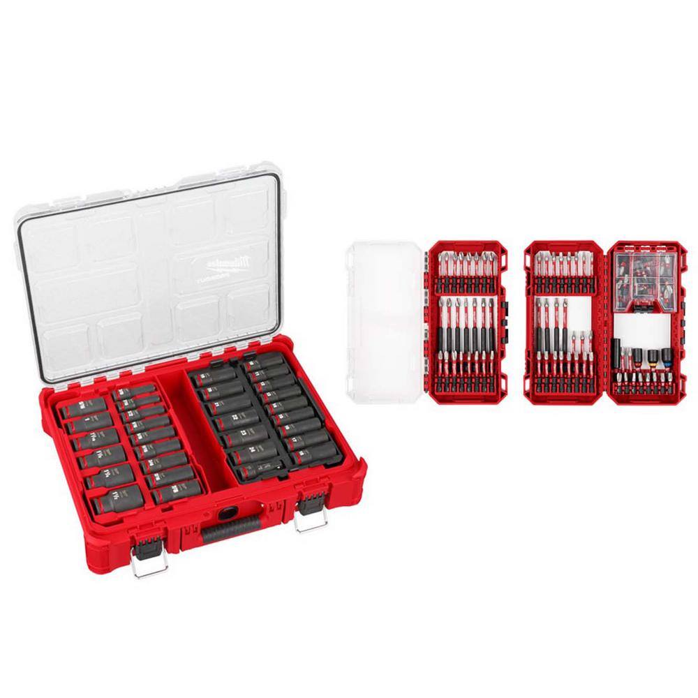 Milwaukee 49-66-6806​-48-32-5150 SHOCKWAVE Impact-Duty 1/2 in. Drive Metric & SAE Deep Well PACKOUT Impact Socket Set w/Screw Driver Bit Set (131-Piece)