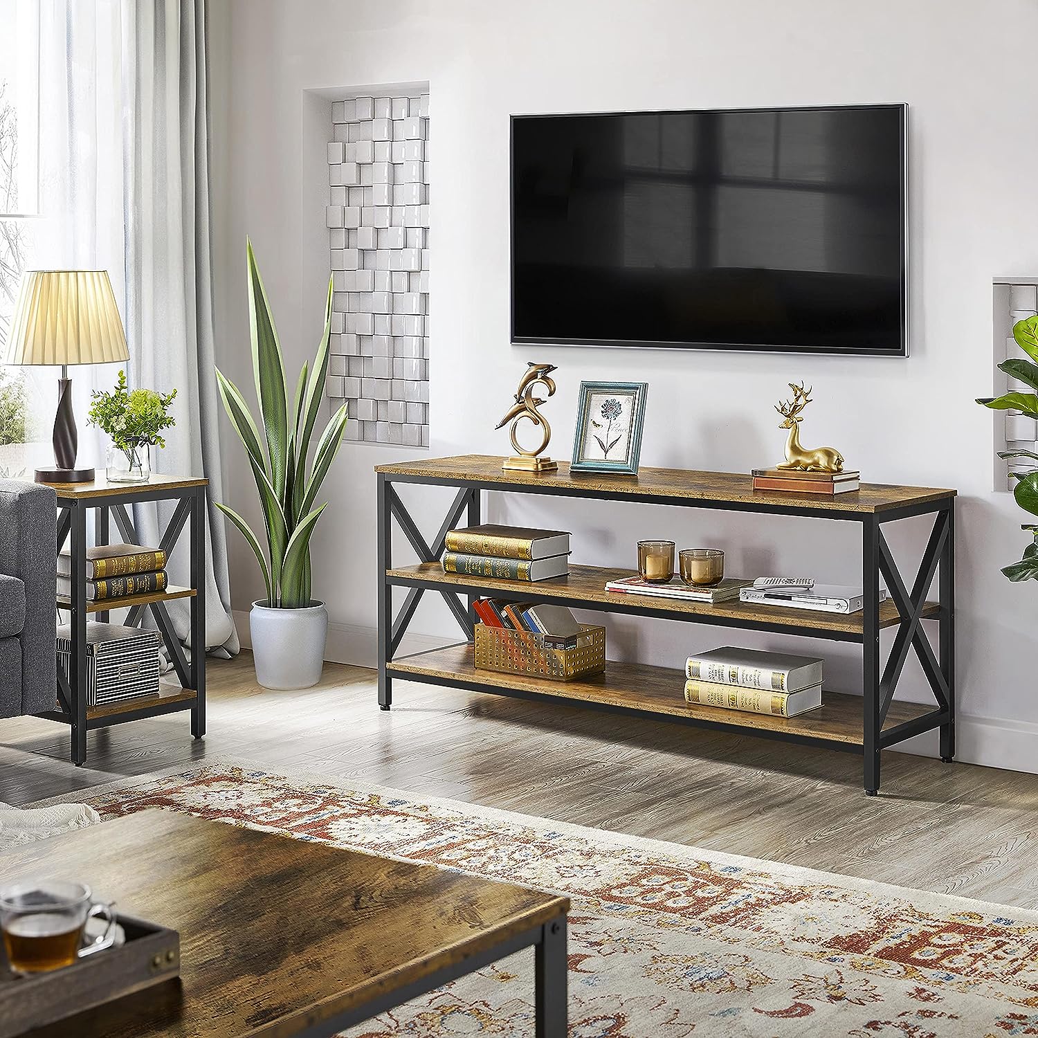 Yaheetech Industrial TV Stand for TV up to 65 inch. 55″ TV Cabinet with 3 Tier Storage Shelves for Living Room. Entertainment Center TV Console Table with Metal Frame. Rustic Brown