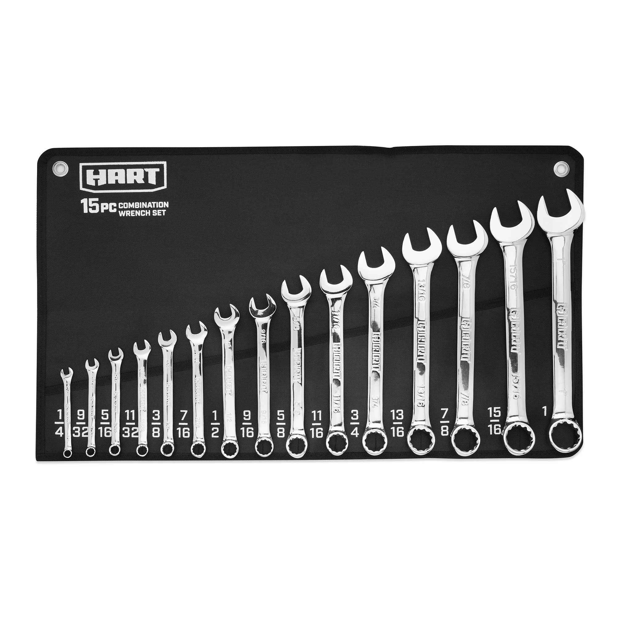 HART 15-Piece SAE Combination Wrench Set with Tool Pouch. Chrome Finish
