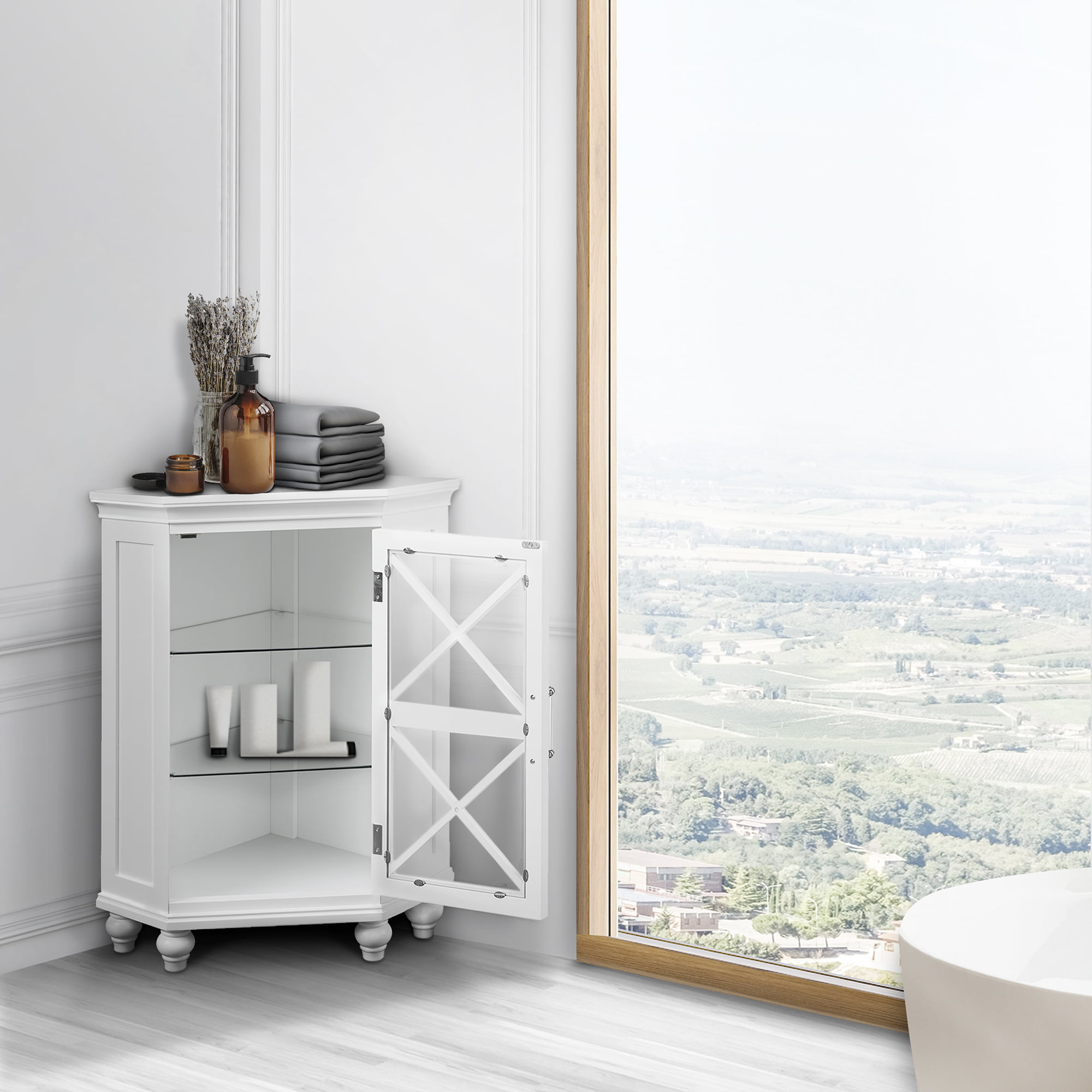 Teamson Home Blue Ridge Corner Wooden Floor Cabinet with Adjustable Shelves. White