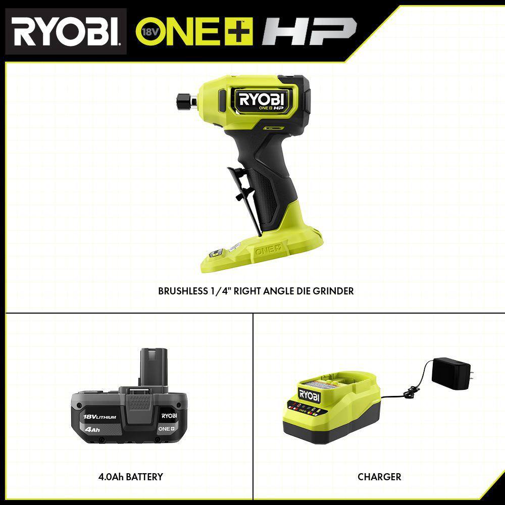 RYOBI PSBDG01K ONE+ HP 18V Brushless Cordless Compact 1/4 in. Right Angle Grinder Kit with (1) 4.0 Ah Battery and Charger