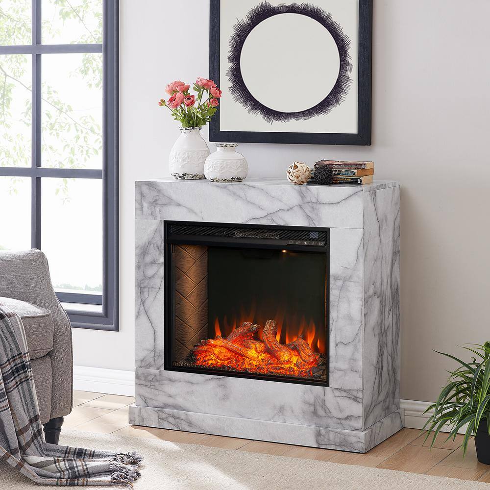 Southern Enterprises 1004774113 Barsdale Alexa-Enabled 33.25 in. Faux Marble Electric Smart Fireplace in White