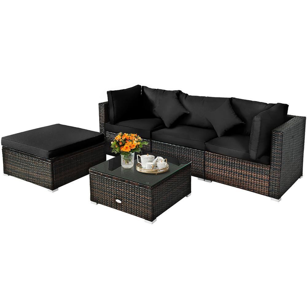 Costway  5-Piece Wicker Patio Conversation Set with Black Cushions
