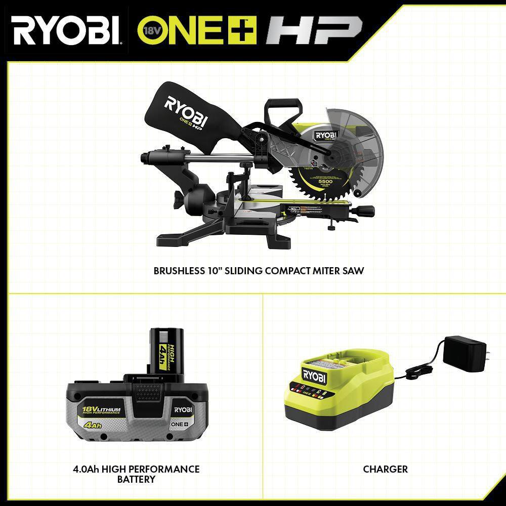 RYOBI PBLMS01K ONE+ HP 18V Brushless Cordless 10 in. Sliding Compound Miter Saw Kit with 4.0 Ah HIGH PERFORMANCE Battery and Charger