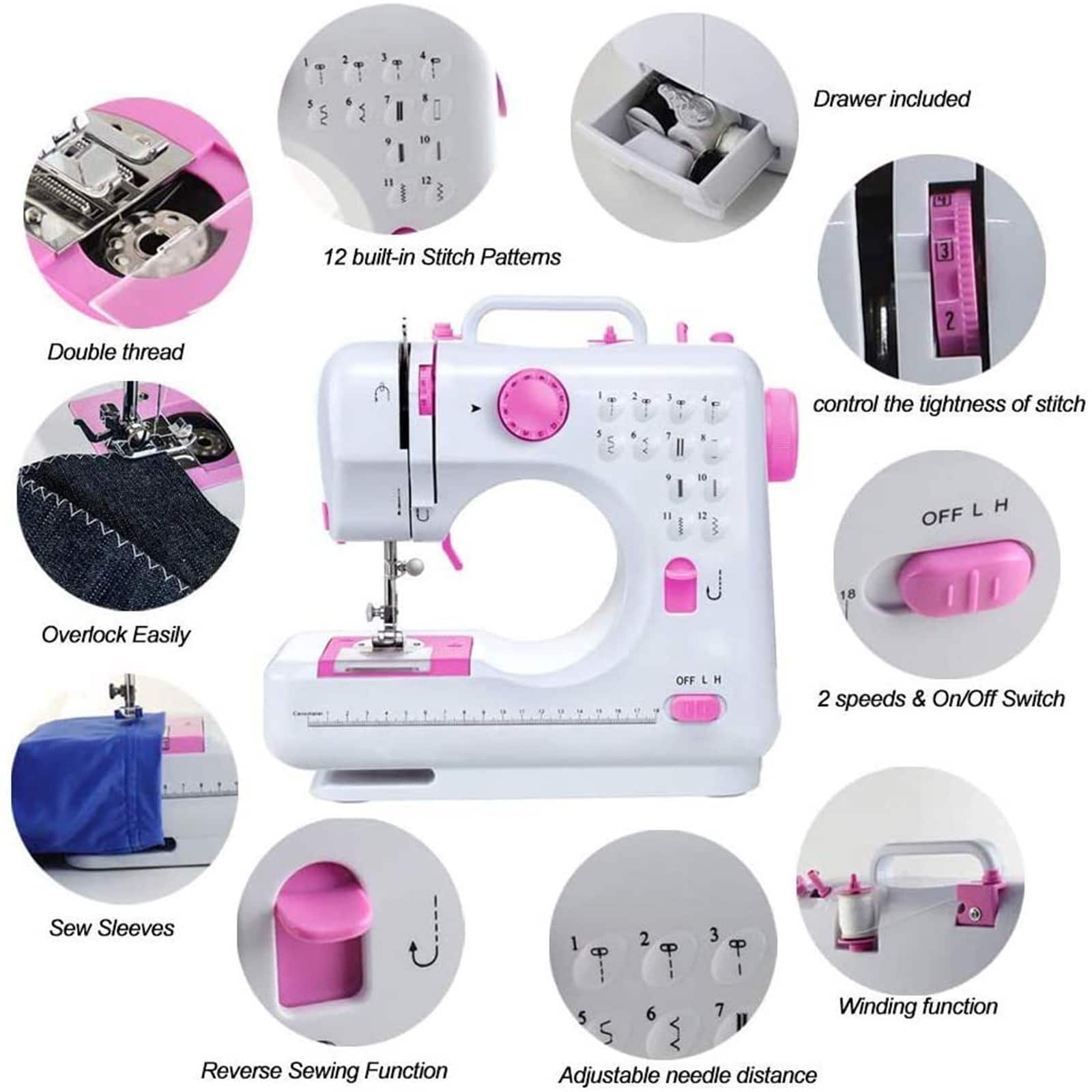 NEX Cute Pink Modern Crafting Sewing Machine with 12 Built-In Stitches