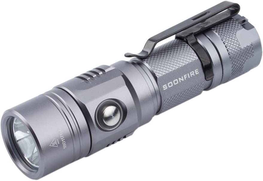 Soonfire Cree LED 1000 Lumens Flashlight. Rechargeable Waterproof Compact EDC Law flashlights. Grey