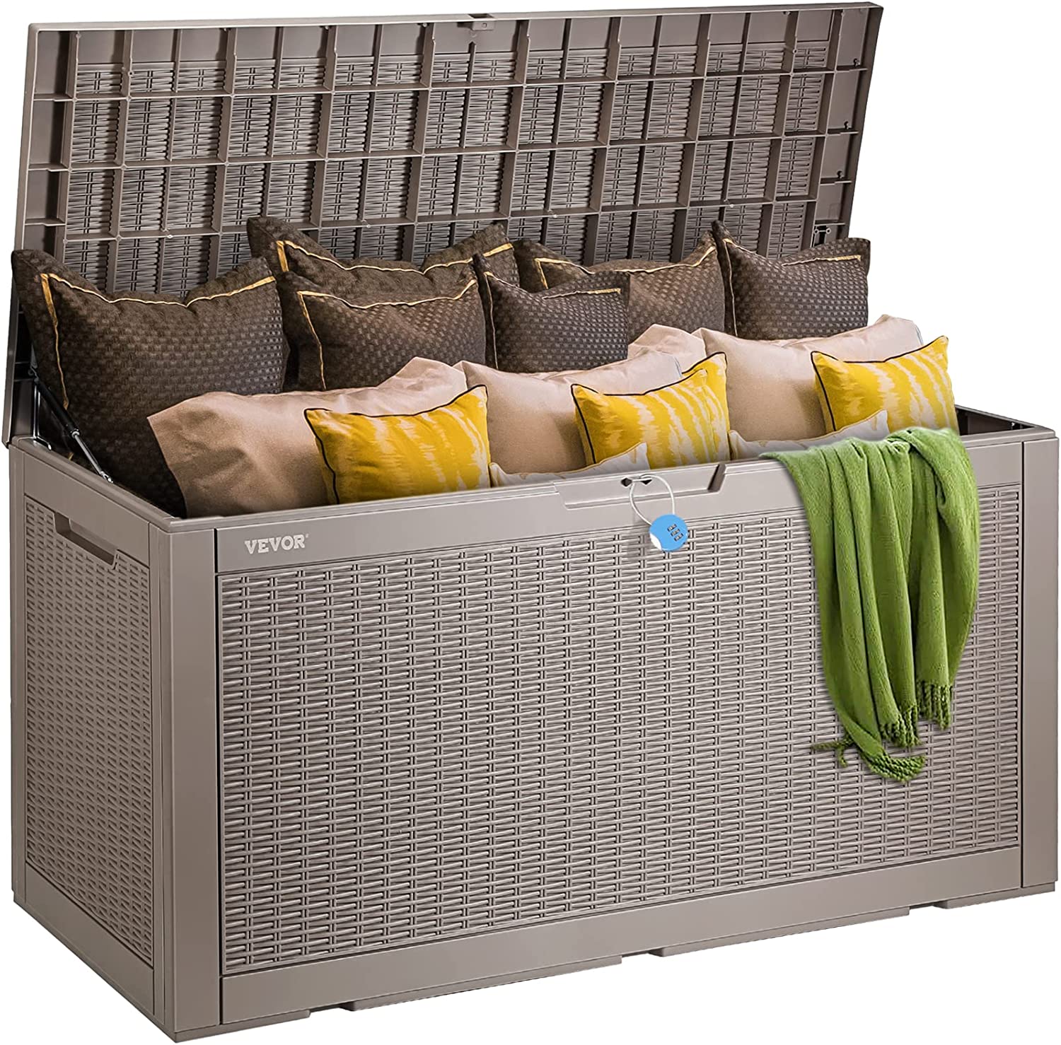 VEVOR Deck Box. 100 Gallon Outdoor Storage Box. 48.0″ x 21.5″ x 24.5″. Waterproof PP Deckbox with Aluminum Alloy Padlock. for Patio Furniture. Pool Toys. Garden Tools. Outdoor Cushions. Gray