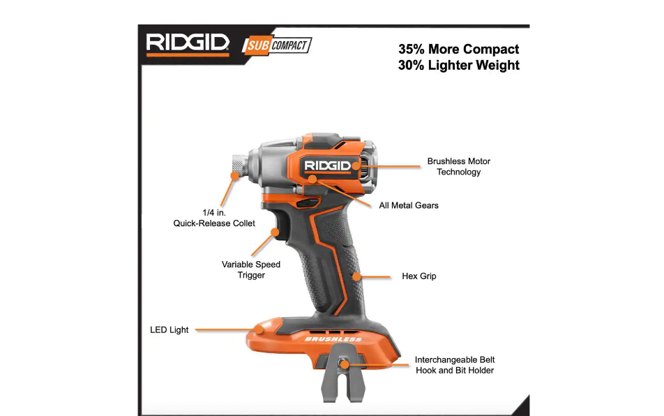 RIDGID R8723K 18V SubCompact Brushless Cordless Impact Driver Kit with (1) 2.0 Ah Battery. Charger. and Bag