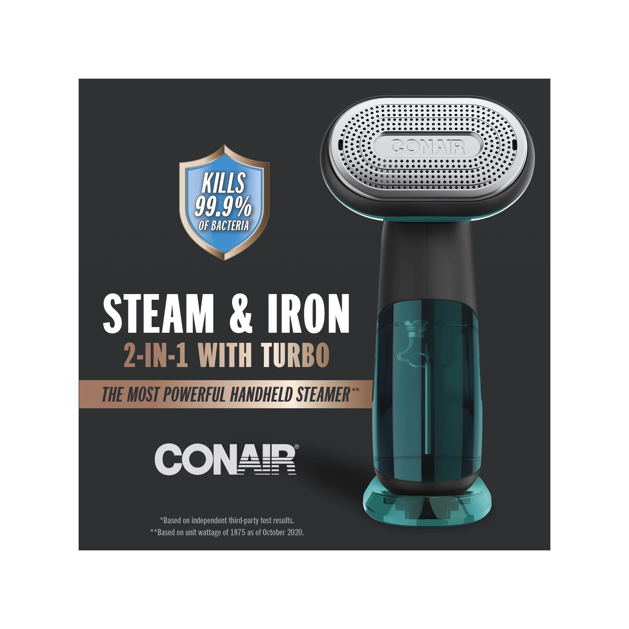 Conair GS107 Turbo ExtremeSteam 1875 Watt Handheld Fabric. 2-in-1 Steam and Iron Garment Steamer. One Size. Black/Green 