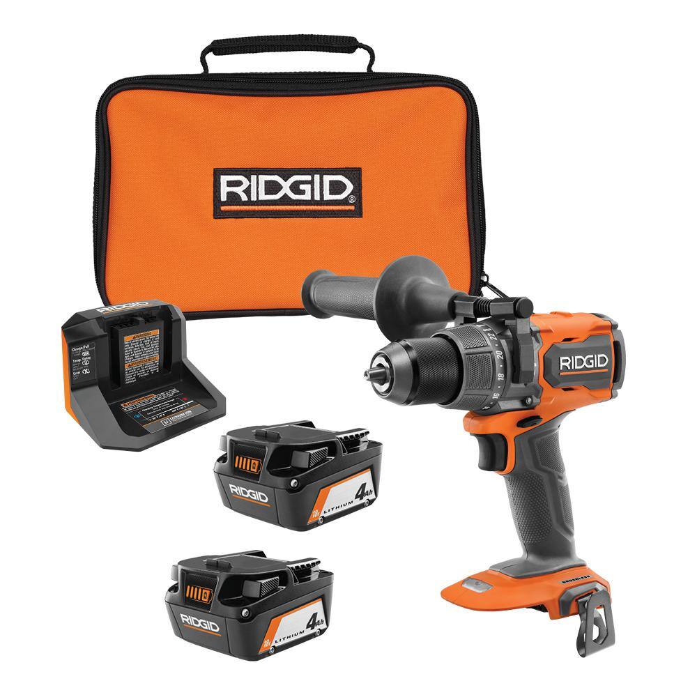 RIDGID R861152B-AC93044SBN 18V Brushless Cordless 1/2 in. High Torque Hammer Drill/Driver with (2) 4.0 Ah Batteries. Charger. and Bag
