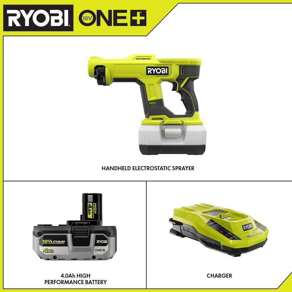 RYOBI PSP02B-PSK004 ONE+ 18V Cordless Handheld Electrostatic Sprayer with High Performance 4.0 Ah Battery and Charger Kit