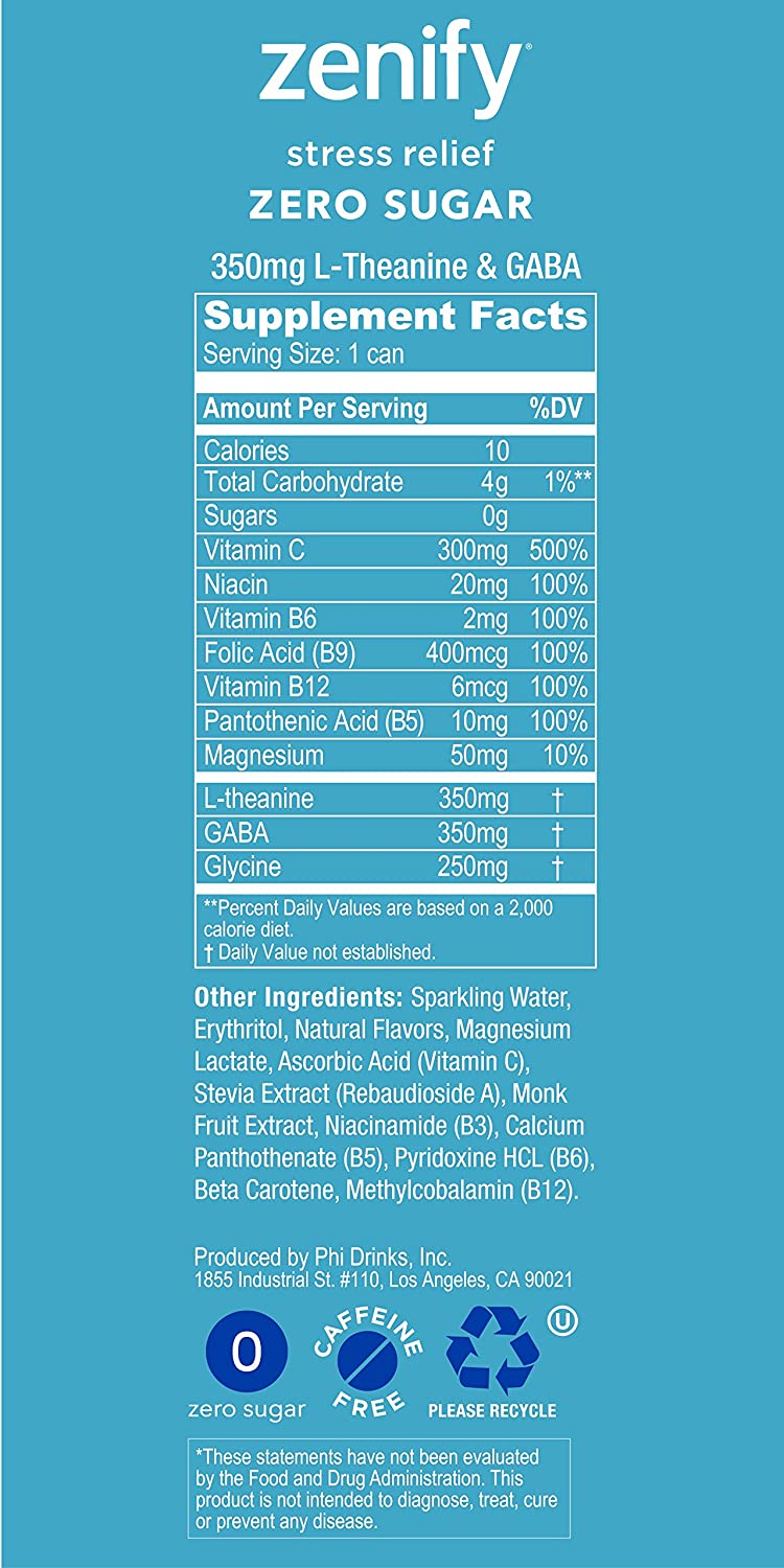 Zenify Zero Sugar All Natural Sparkling Calming Stress Relief Beverage (Pack of 12)