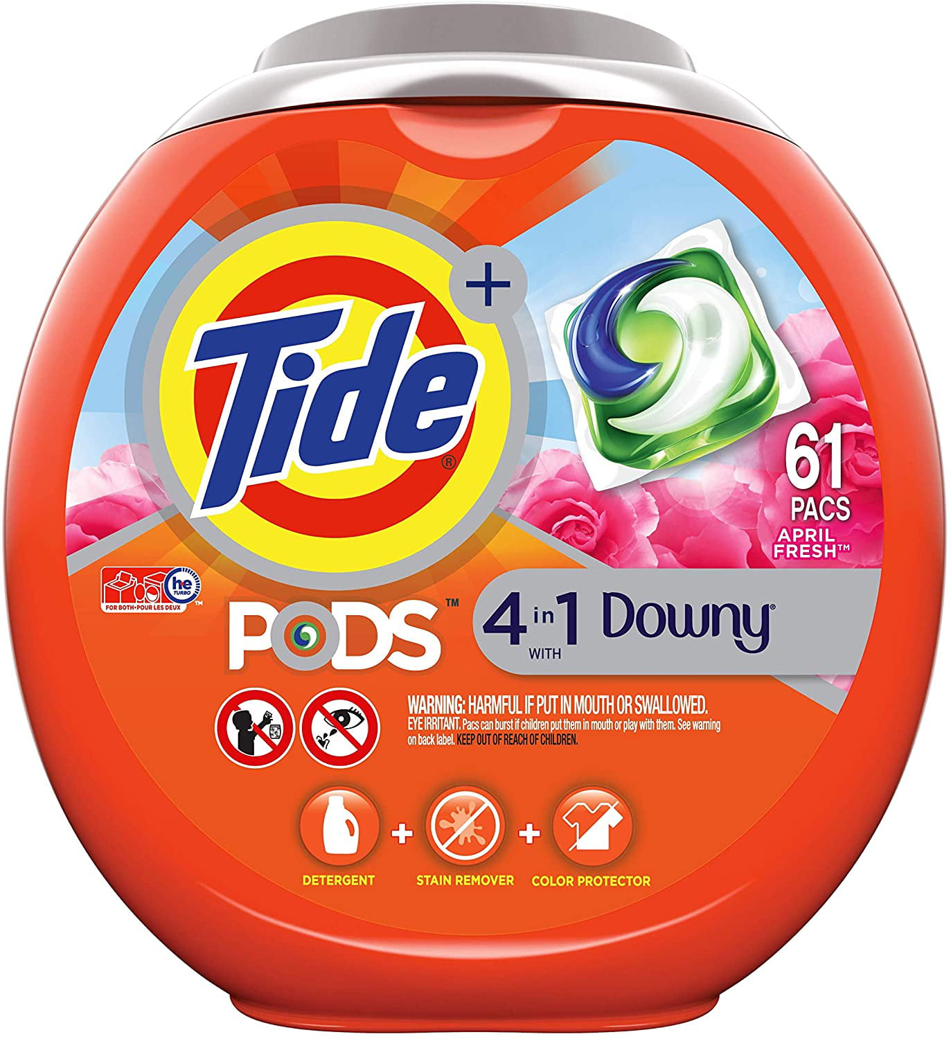 Tide PODS Plus Downy 4 in 1 HE Turbo Laundry Detergent Pacs. April Fresh Scent. 61 Count Tub - Packaging May Vary