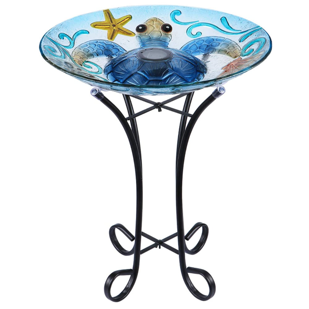 Solar Bird Bath with Metal Stand. Glass Bird Baths for Outdoors. Sea Turtle Pattern Bird Feeder for Garden. Yard. Lawn Decor